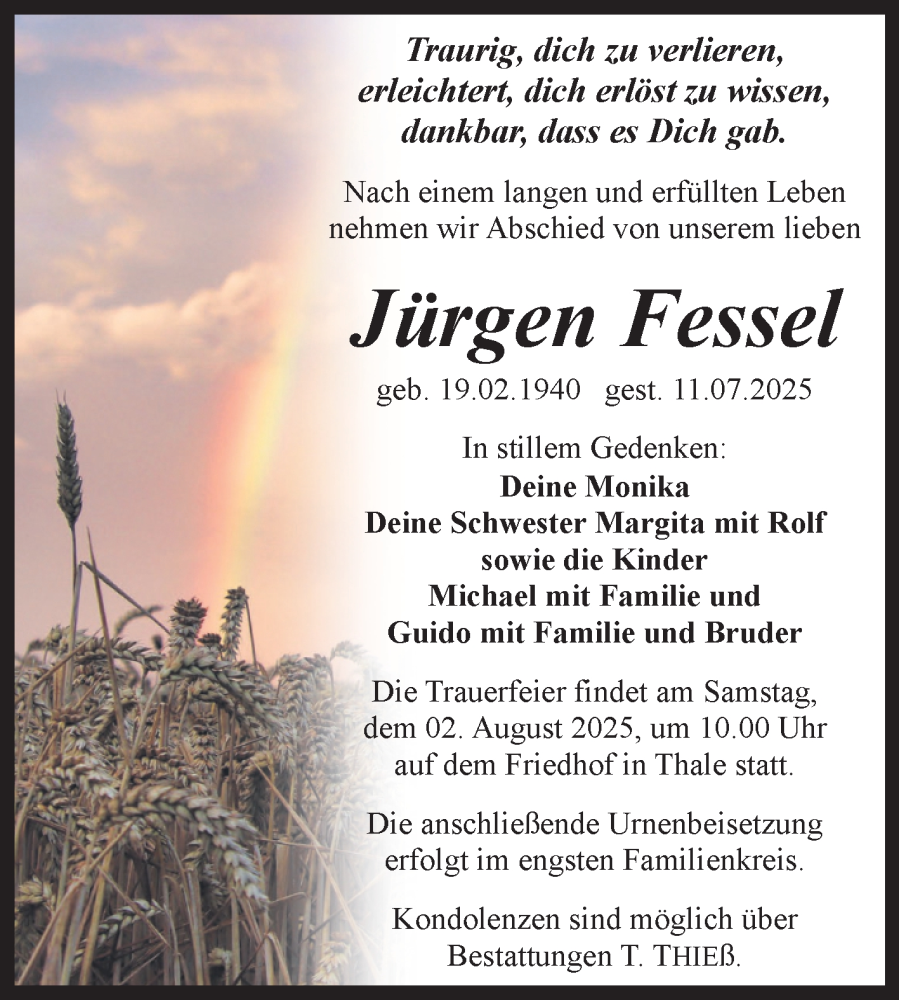 Traueranzeige für Jürgen Fessel vom 19.07.2025 aus Trauerkombi Quedlinburg