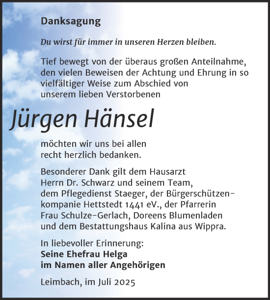 Traueranzeige von Jürgen Hänsel von Trauerkombi Mansfelder Land