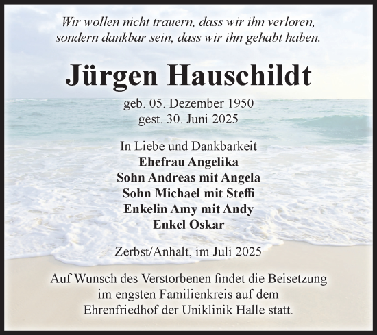 Traueranzeige von Jürgen Hauschildt von Volksstimme Zerbst