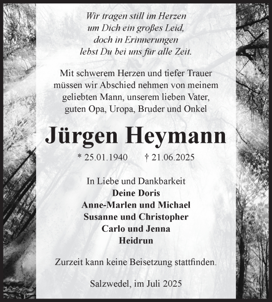 Traueranzeige von Jürgen Heymann von Volksstimme Altmark West