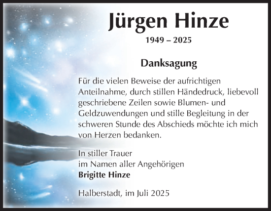 Traueranzeige von Jürgen Hinze von Volksstimme Halberstadt