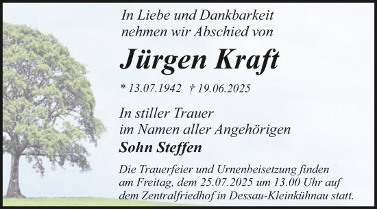 Traueranzeige von Jürgen Kraft von Trauerkombi Dessau
