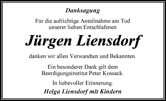Traueranzeige von Jürgen Liensdorf von Trauerkombi Dessau