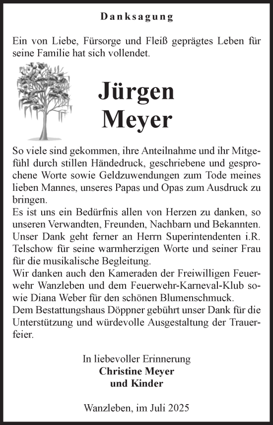 Traueranzeige von Jürgen Meyer von Volksstimme Oschersleben/Wanzleben
