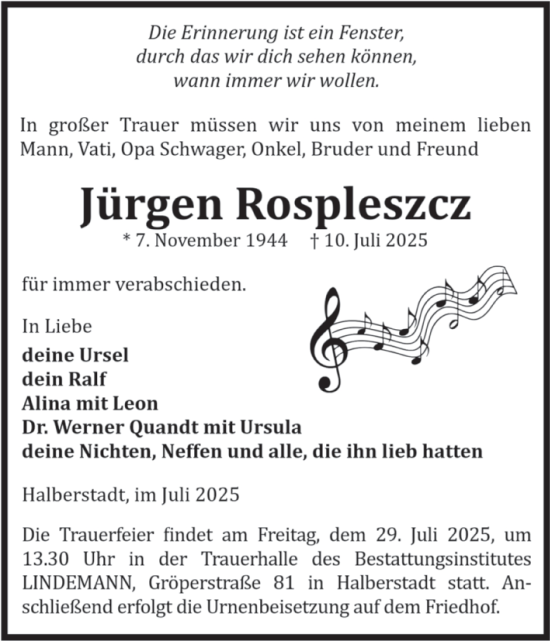Traueranzeige von Jürgen Rospleszcz von Volksstimme Halberstadt