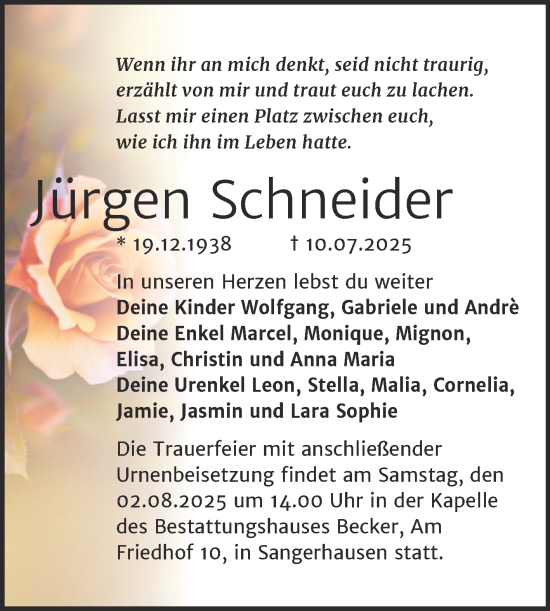 Traueranzeige von Jürgen Schneider von Trauerkombi Sangerhausen