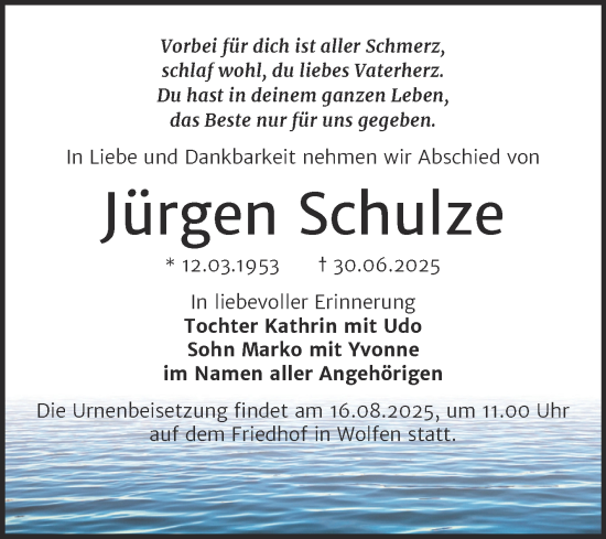 Traueranzeige von Jürgen Schulze von Trauerkombi Bitterfeld