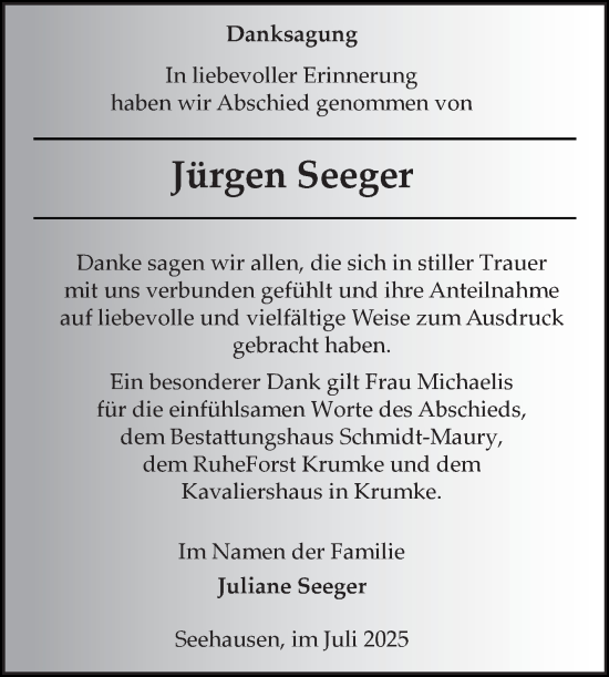 Traueranzeige von Jürgen Seeger von Volksstimme Altmark Ost