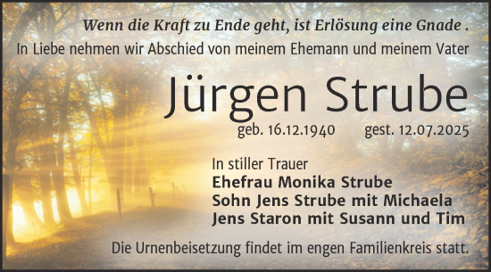 Traueranzeige von Jürgen Strube von Mitteldeutsche Zeitung Halle/Saalkreis