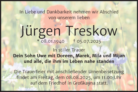 Traueranzeige von Jürgen Treskow von Trauerkombi Merseburg