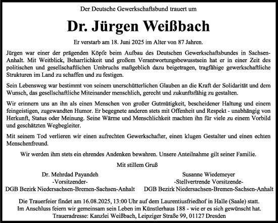 Traueranzeige von Jürgen Weillbach von Mitteldeutsche Zeitung Halle/Saalkreis