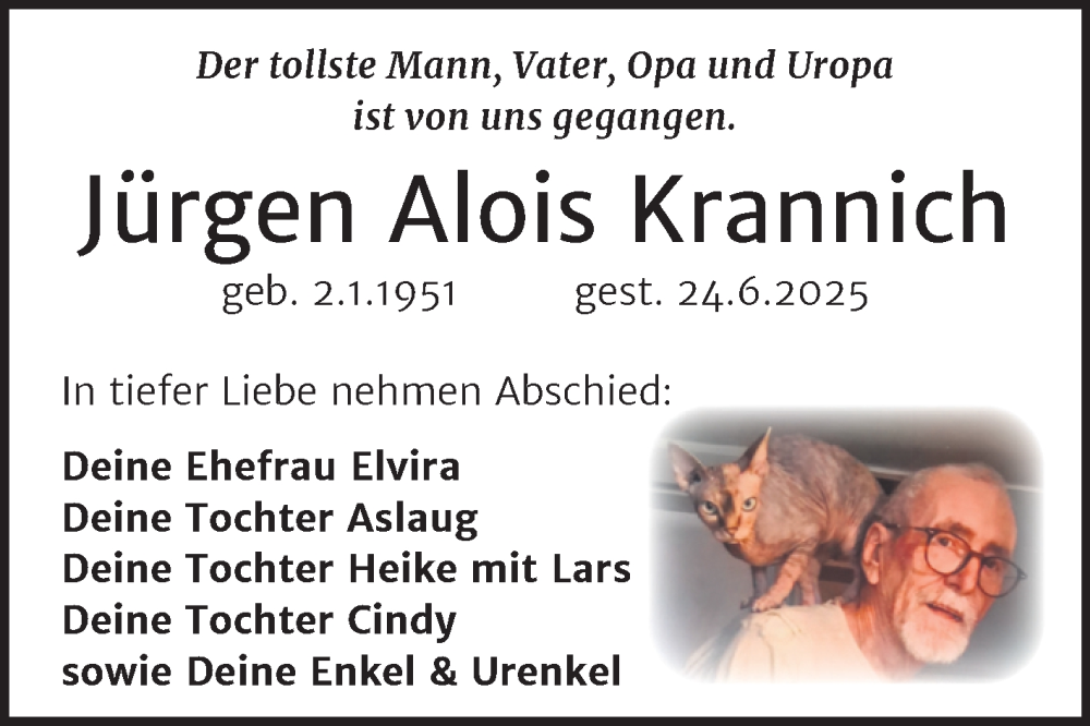  Traueranzeige für Jürgen Alois Krannich vom 05.07.2025 aus Trauerkombi Köthen