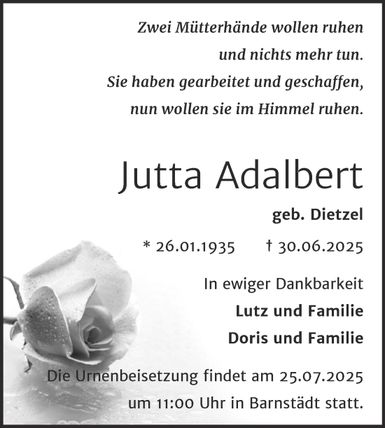 Traueranzeige von Jutta Adalbert von Trauerkombi Merseburg