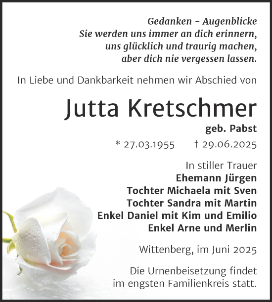 Traueranzeige von Jutta Kretschmer von Trauerkombi Wittenberg