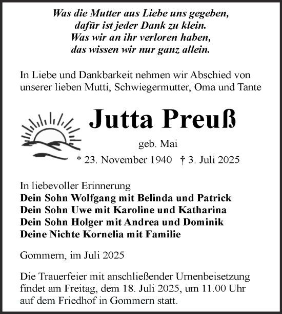 Traueranzeige von Jutta Preuß von Volksstimme Burg/Genthin