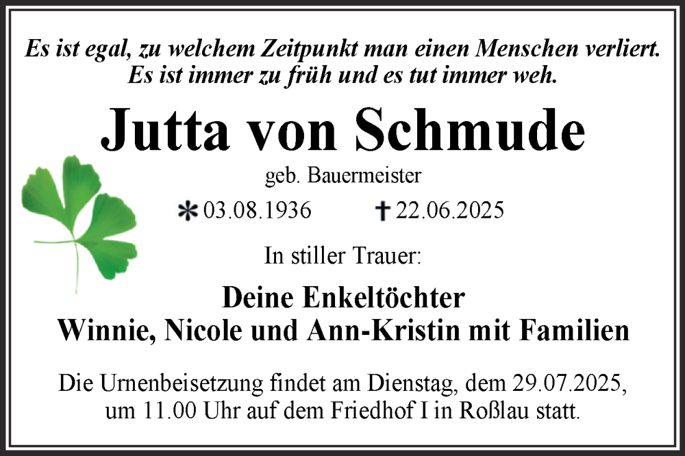  Traueranzeige für Jutta von Schmude vom 05.07.2025 aus Trauerkombi Dessau
