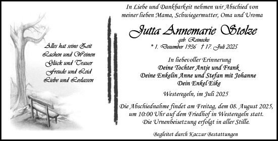 Traueranzeige von Jutta Annemarie Stolze von Volksstimme Staßfurt