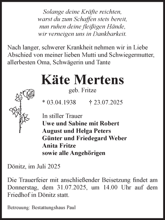 Traueranzeige von Käte Mertens von Volksstimme Altmark West