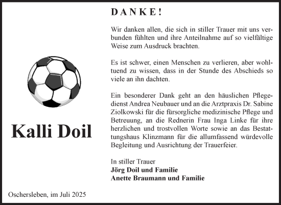 Traueranzeige von Kalli Doil von Volksstimme Oschersleben/Wanzleben