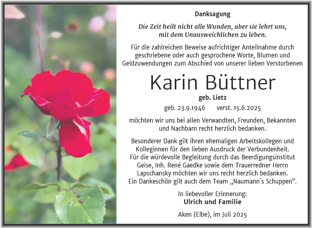  Traueranzeige für Karin Büttner vom 12.07.2025 aus Trauerkombi Köthen