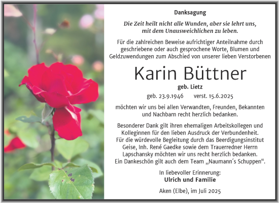 Traueranzeige von Karin Büttner von Trauerkombi Köthen