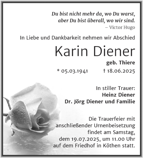 Traueranzeige von Karin Diener von Mitteldeutsche Zeitung Halle/Saalkreis