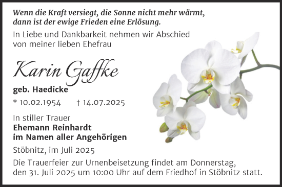 Traueranzeige von Karin Gaffke von Trauerkombi Merseburg
