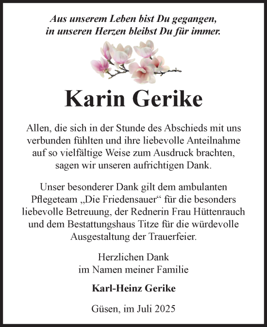 Traueranzeige von Karin Gerike von Volksstimme Burg/Genthin