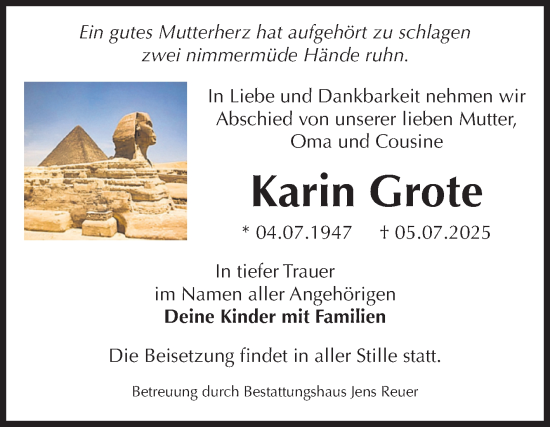 Traueranzeige von Karin Grote von Volksstimme Magdeburg
