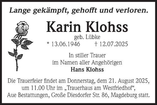 Traueranzeige von Karin Klohss von Volksstimme Altmark West
