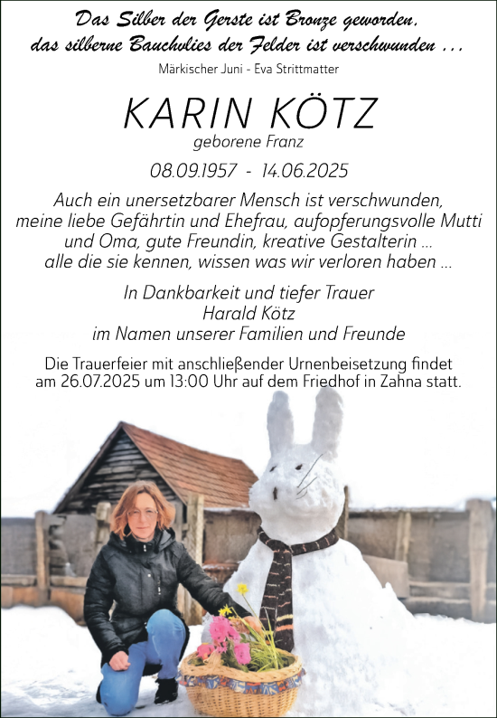 Traueranzeige von Karin Kötz von Trauerkombi Wittenberg