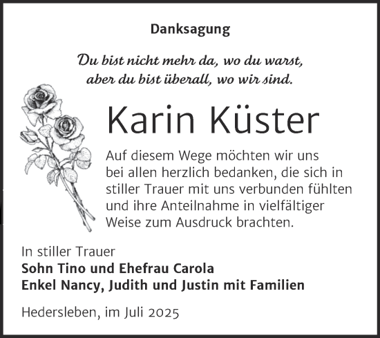 Traueranzeige von Karin Küster von Super Sonntag Quedlingburg