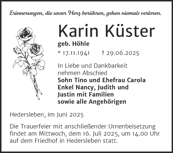 Traueranzeige von Karin Küster von Super Sonntag Quedlingburg