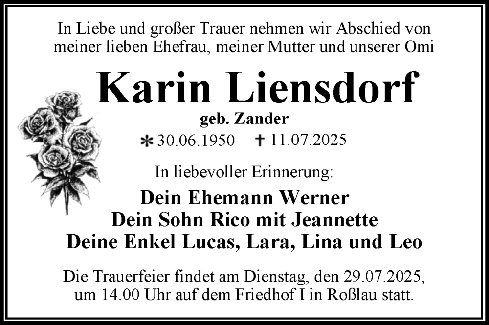  Traueranzeige für Karin Liensdorf vom 19.07.2025 aus Trauerkombi Dessau