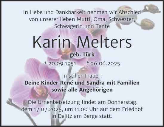 Traueranzeige von Karin Melters von Trauerkombi Merseburg