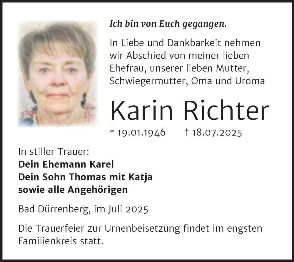  Traueranzeige für Karin Richter vom 26.07.2025 aus Trauerkombi Merseburg
