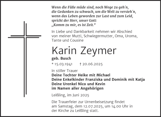 Traueranzeige von Karin Zeymer von Trauerkombi Weißenfels