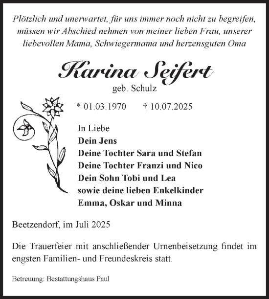 Traueranzeige von Karina Seifert von Volksstimme Altmark West