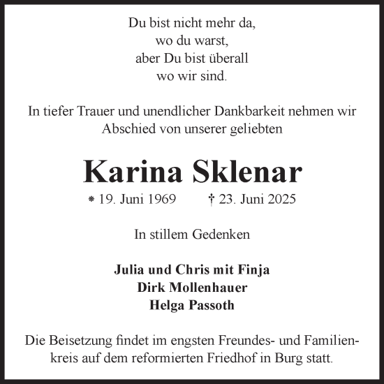 Traueranzeige von Karina Sklenar von Volksstimme Burg/Genthin