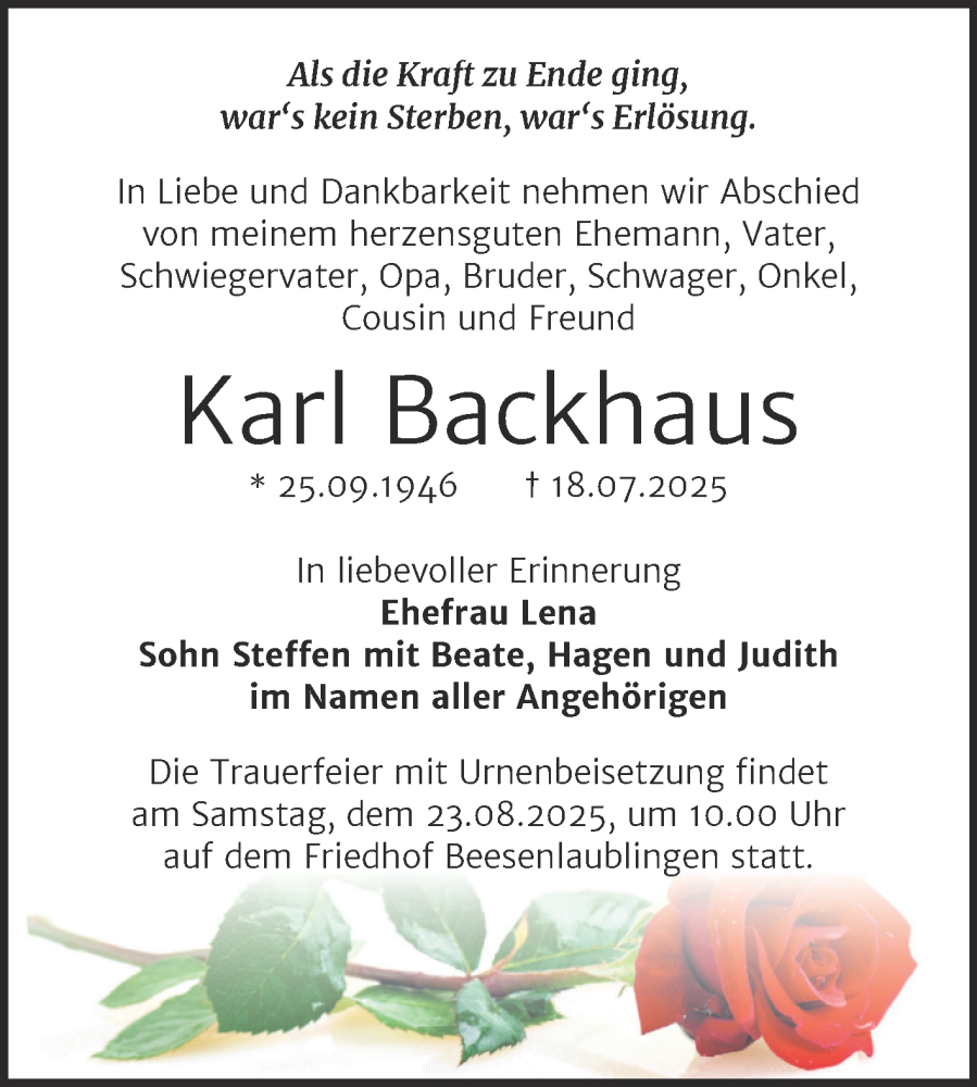  Traueranzeige für Karl Backhaus vom 26.07.2025 aus Trauerkombi Bernburg