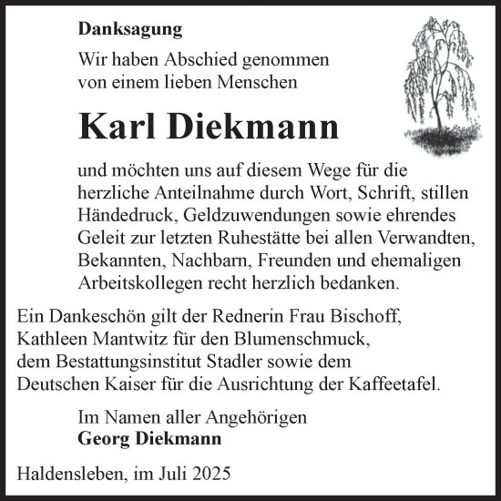 Traueranzeige von Karl Diekmann von Volksstimme Haldensleben/Wolmirstedt