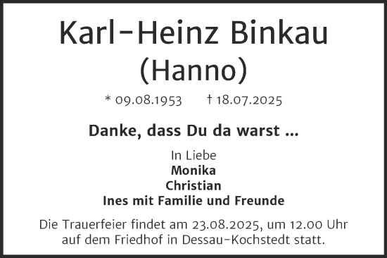 Traueranzeige von Karl-Heinz Binkau von Trauerkombi Dessau