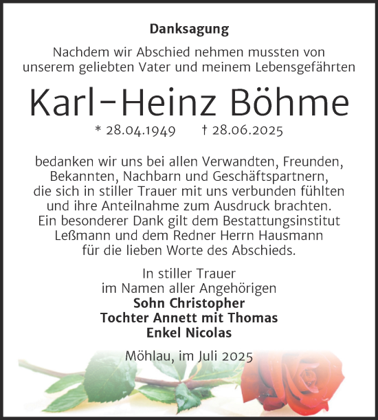 Traueranzeige von Karl-Heinz Böhme von Trauerkombi Wittenberg