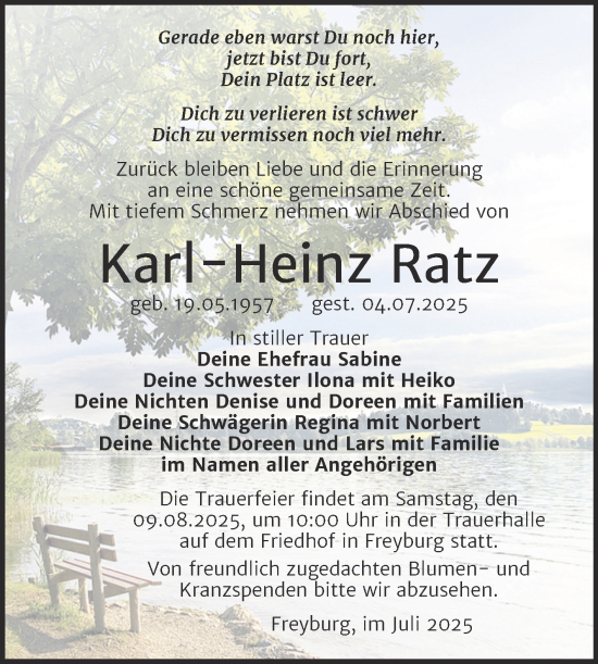Traueranzeige von Karl-Heinz Ratz von Super Sonntag Naumburg/Nebra