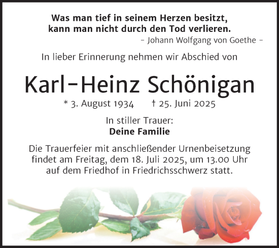 Traueranzeige von Karl-Heinz Schönigan von Mitteldeutsche Zeitung Halle/Saalkreis