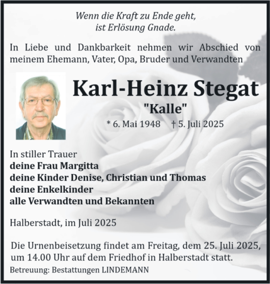 Traueranzeige von Karl-Heinz Stegat von Volksstimme Halberstadt