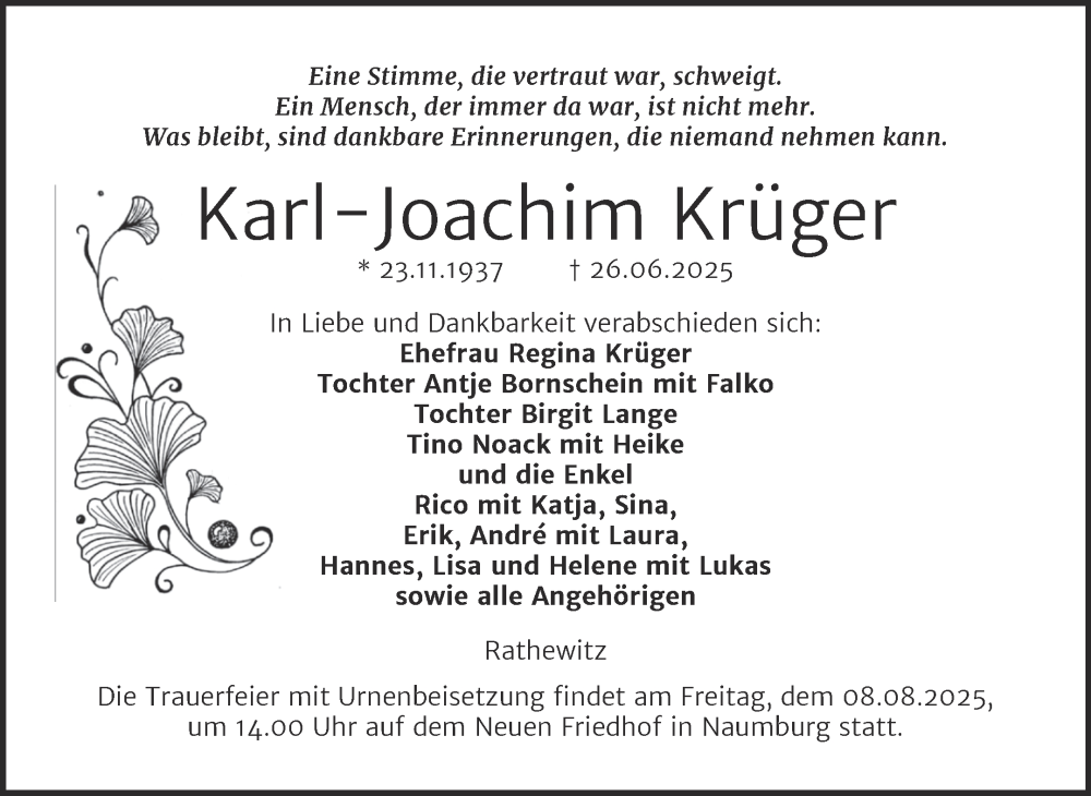  Traueranzeige für Karl-Joachim Krüger vom 12.07.2025 aus Naumburger Tageblatt