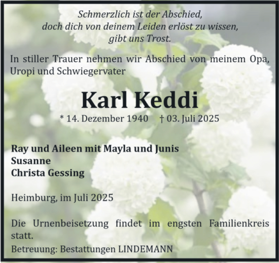 Traueranzeige von Karl Keddi von Volksstimme Wernigerode