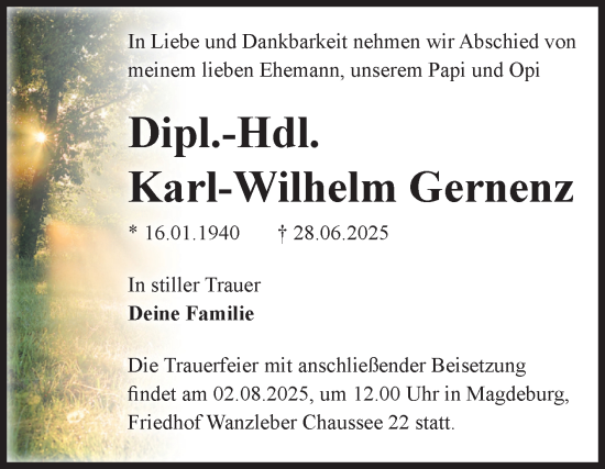 Traueranzeige von Karl-Wilhelm Gernenz von Volksstimme Magdeburg