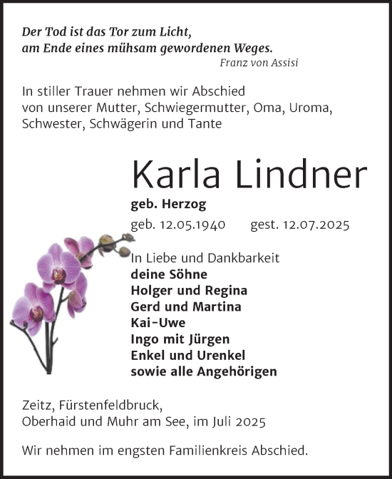 Traueranzeige von Karla Lindner von Trauerkombi Zeitz
